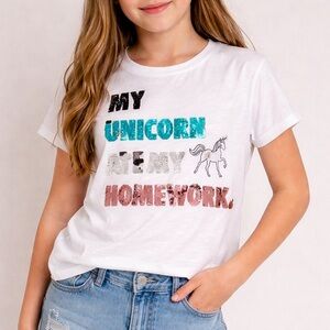 NWT M&S Unicorn Sequin Flip Tee Girls 13-14 White Graphic Shirt